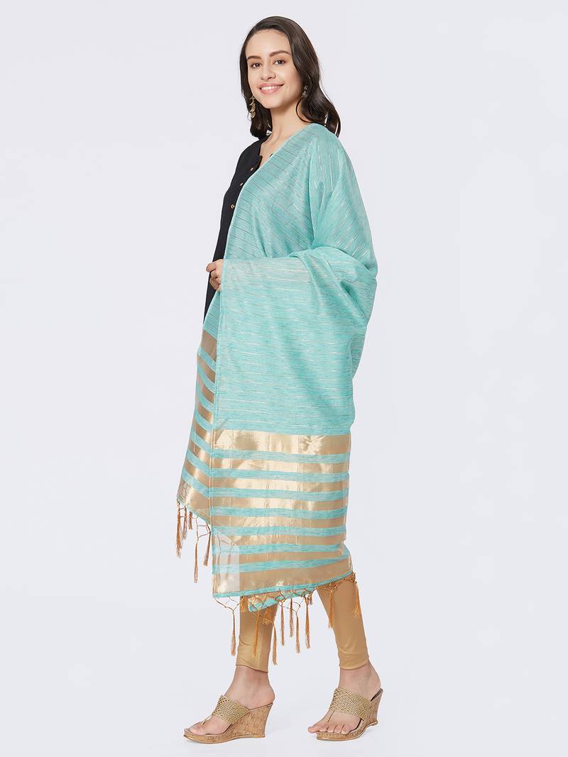 Green Cotton Woven Dupatta for women