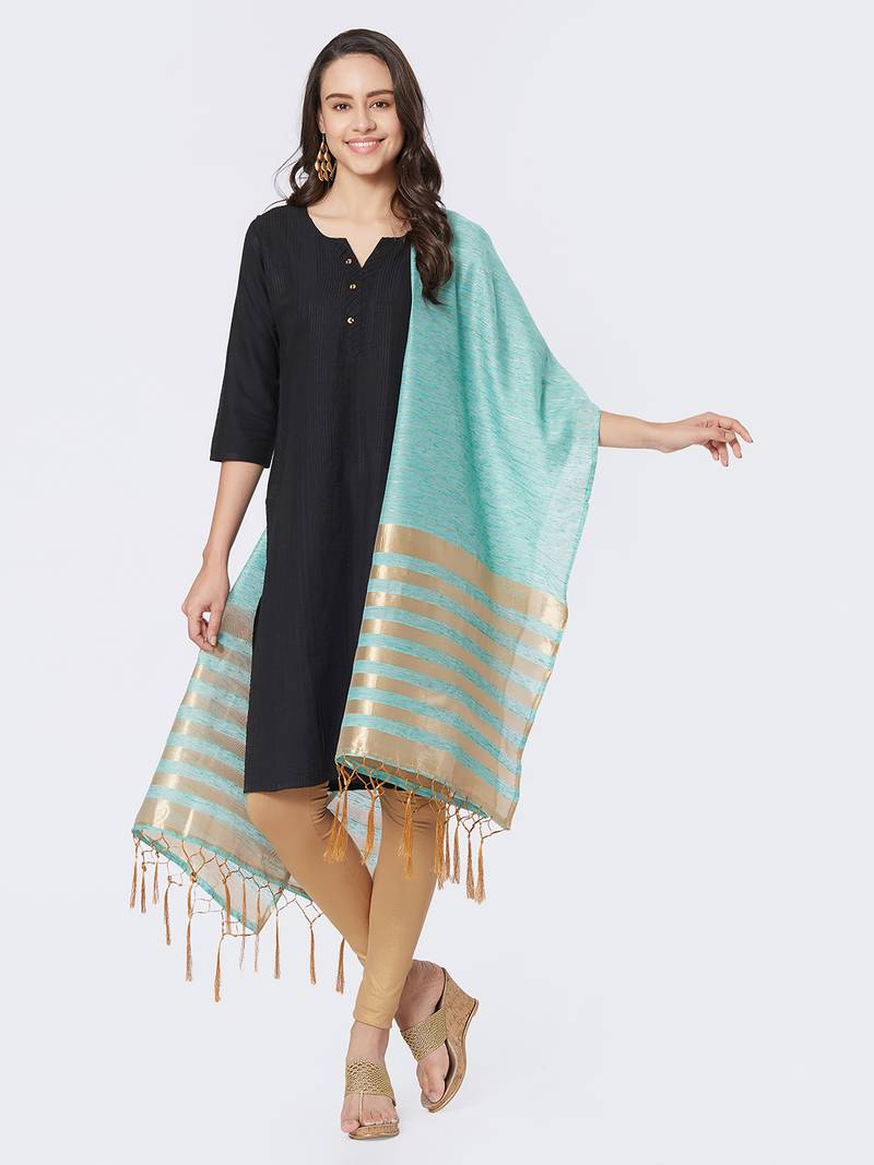Green Cotton Woven Dupatta for women