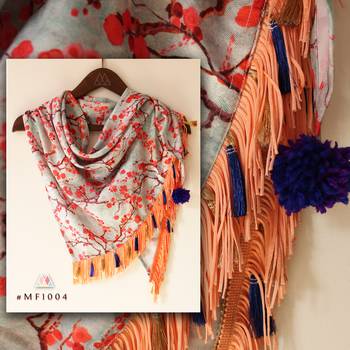 Dusty Blue Base With Peach Floral Digital Print Triangle Scarf 1