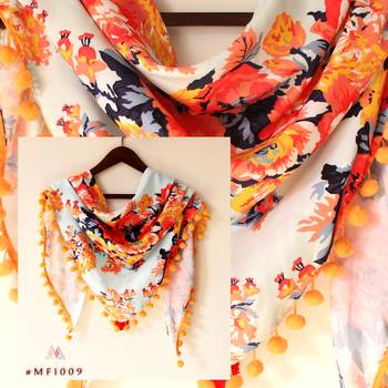 Fresh Sky Blue With Lifted Floral Printed Triangle Scarf 1