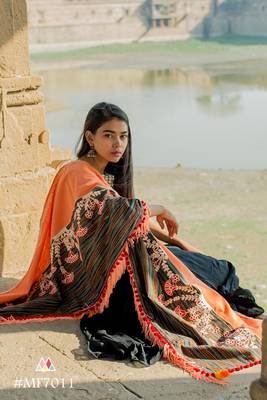 Peach Marigold Embroidered Half And Half Linen Festive Dupatta 1
