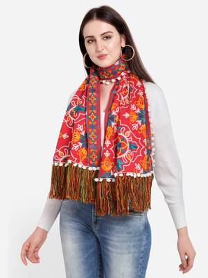 Red Woollen Heavily Embroidered Khadi Muffler 1