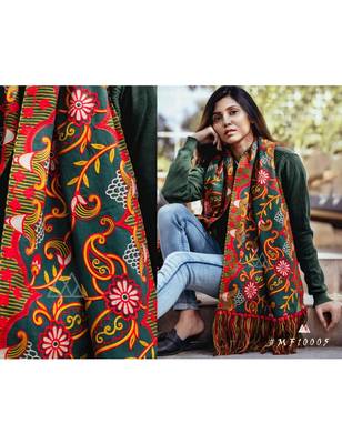 Deep Green Woollen Heavily Embroidered Khadi Muffler 2