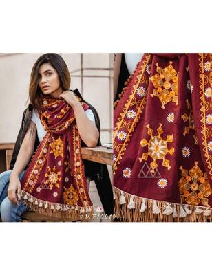 Deep Wine Snow Flake Woollen Embroidered Khadi Muffler 2