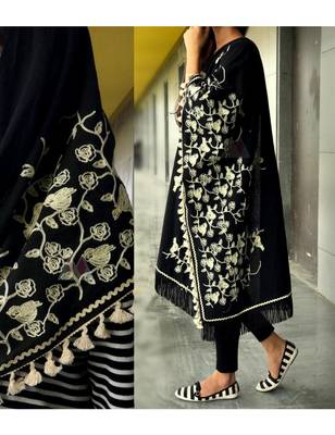 Pure Khadi Black Color Floral Embroidered Dupatta 1