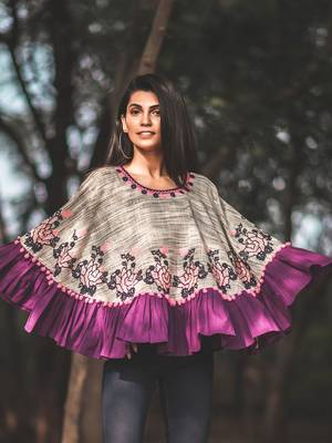 Purple Frill Slub Khadi Poncho 1