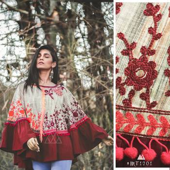Wine Frill Floral Circular Khadi Poncho 1