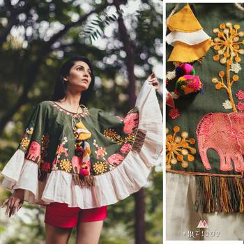 Elephant Embroidered Deep Green Khadi Circular Poncho 2
