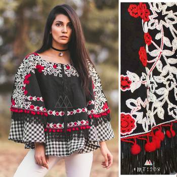 Black Circular Embroidered Khadi Poncho With Chex 1