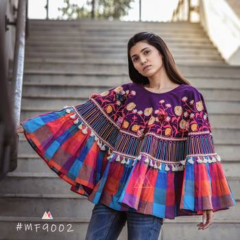 Multi Checks Frill Purple Embroidered Poncho With 3D Flowers 1