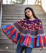 Multi Checks Frill Purple Embroidered Poncho With 3D Flowers