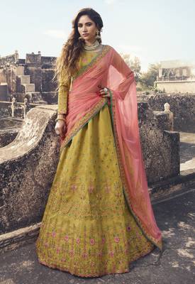 Mustard Embroidered Silk Semi Stitched Lehenga 1
