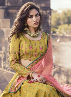 Mustard Embroidered Silk Semi Stitched Lehenga 2