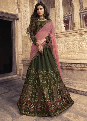 Green Embroidered Silk Semi Stitched Lehenga 1