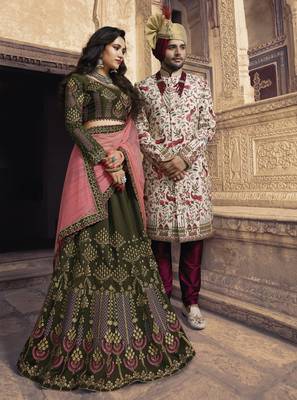 Green Embroidered Silk Semi Stitched Lehenga 3