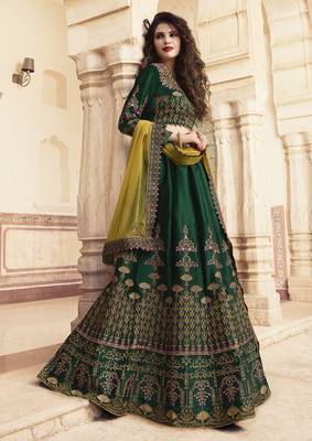 Dark Green Embroidered Silk Semi Stitched Lehenga 1