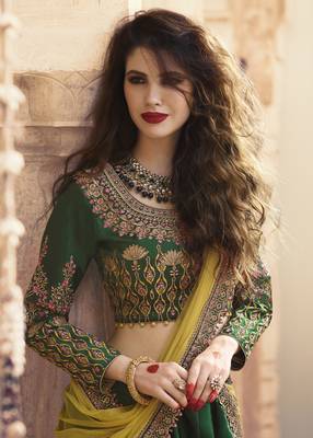 Dark Green Embroidered Silk Semi Stitched Lehenga 3