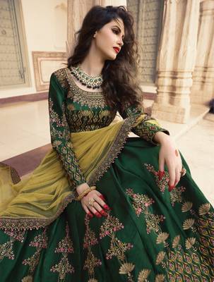 Dark Green Embroidered Silk Semi Stitched Lehenga 4