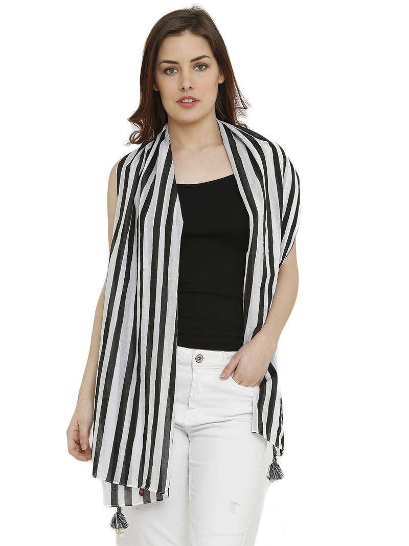 Black & White Cotton Striped Printed Stole/Scarf