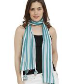 Sea Green & White Cotton Striped Printed Stole/Scarf
