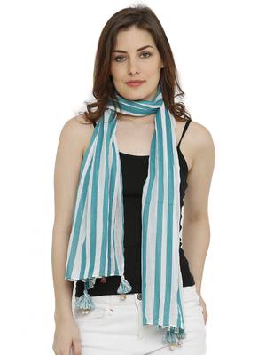 Sea Green & White Cotton Striped Printed Stole/Scarf 2