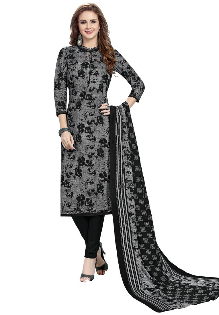Grey & Black Pure Lawn Cotton Printed Dress Material With Dupatta