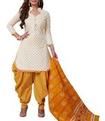 White & Gold Pure Cotton Printed Unstitched Patiyala Suit With Zari Border
