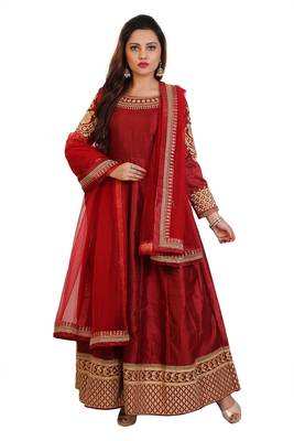 Maroon Embroidered Bangalori Silk Anarkali suit with Dupatta 1