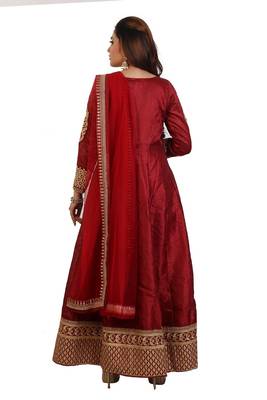 Maroon Embroidered Bangalori Silk Anarkali suit with Dupatta 2