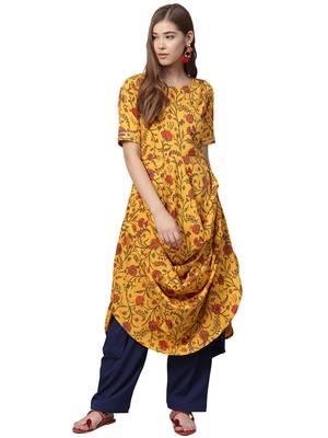 Yellow printed crepe kurtas-and-kurtis 1