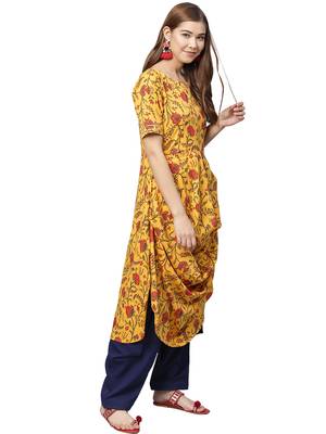 Yellow printed crepe kurtas-and-kurtis 5