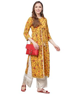 Yellow printed crepe kurtas-and-kurtis 4