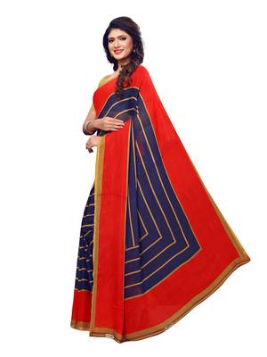 Navy Blue Printed Georgette Saree With Blouse 2