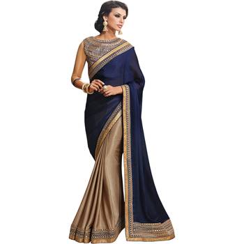 Navy blue embroidered fancy fabric saree with blouse 1