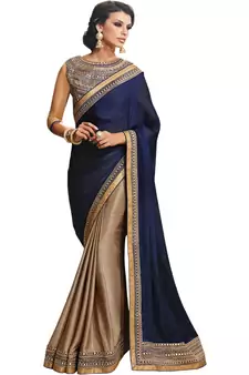 Navy blue embroidered fancy fabric saree with blouse