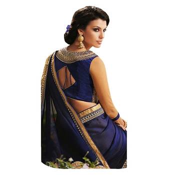 Navy blue embroidered fancy fabric saree with blouse 2