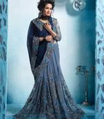 Navy blue embroidered net saree with blouse