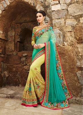 Sea green embroidered georgette saree with blouse 1