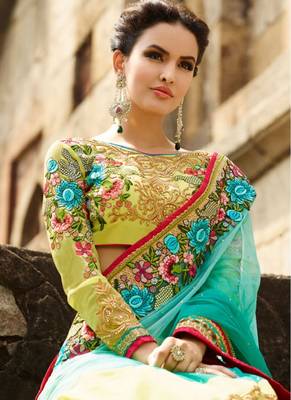 Sea green embroidered georgette saree with blouse 3