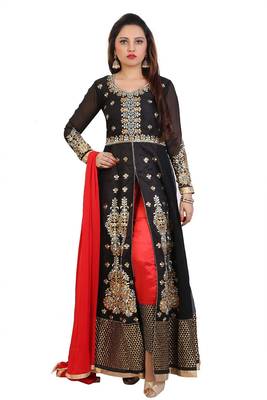 Black  Embroidered Georgette Semi stitched Anarkali with Pant 1