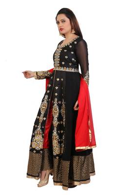 Black  Embroidered Georgette Semi stitched Anarkali with Pant 2