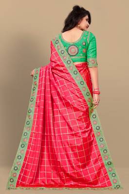 Pink embroidered art silk saree with blouse 3