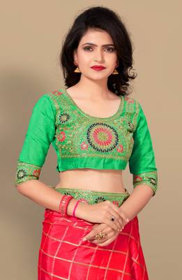Pink embroidered art silk saree with blouse 4