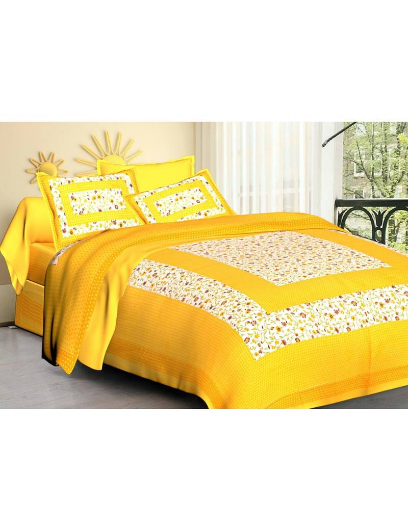 Rudra Fanatic Yellow Cotton Double Bedsheet with Floral Print