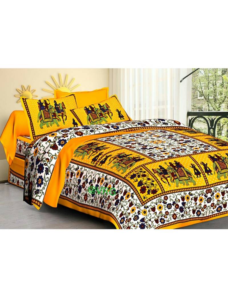 Rudra Elephant Printed Traditional Jaipuri Cotton Double Bedsheet with 2 Pillow Covers