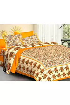 Rudra Jaipuri Printed Cotton Double Bedsheet with 2 Matching Pillow Cover