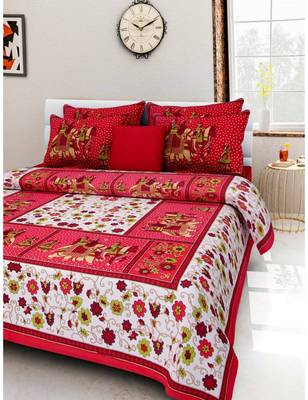 RUDRA  Orange 100% Cotton Rajasthani Jaipuri Sanganeri Traditional  Double Bed Sheet With 2 Pillow Covers 1