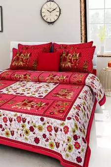 RUDRA  Orange 100% Cotton Rajasthani Jaipuri Sanganeri Traditional  Double Bed Sheet With 2 Pillow Covers