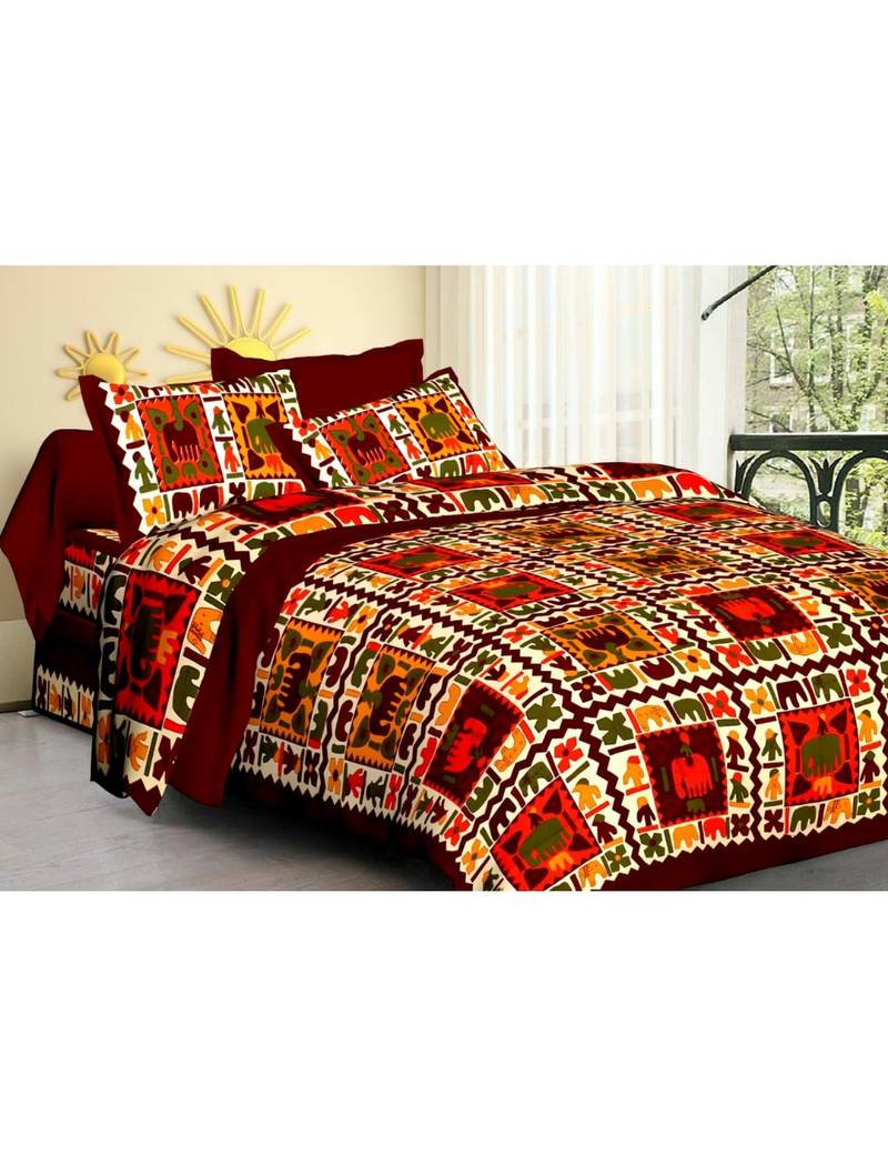 Rudra Rajasthani Bedsheets 100% Cotton Comfort Rajasthani Jaipuri Traditional Double Bedsheets with 2 Pillow Cover