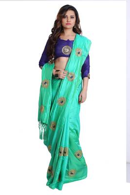Turquoise green paper silk embroidered saree with unstitched blouse 1